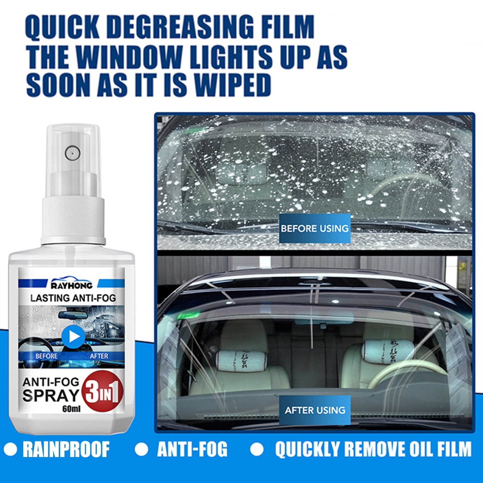 Fairnull 60ml Anti-fog Spray 3 in 1 Multifunctional Long Lasting High  Efficiency Rainproof Quick Cleaning Car Care Car Front Back Windscreen  Antifogging Agent for Automobile 