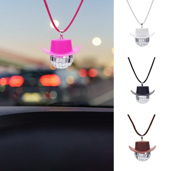 Fairnull Car Hanging Cowboy Hat Ball Shiny Mirror Effect Reflective Car Rear View Mirror Cowgirl Hat Mirror Disco Ball Ornament Auto Accessories