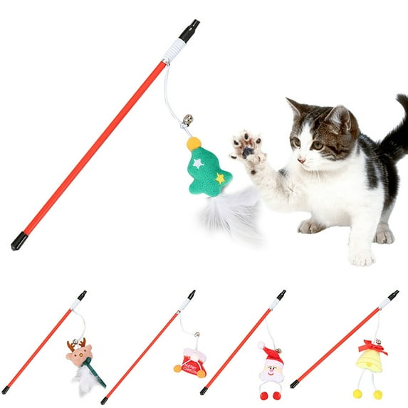 Fairnull Christmas Tree Elk Bell Pet Cat Kitten Teaser Wand Stick Catch Interactive Toy