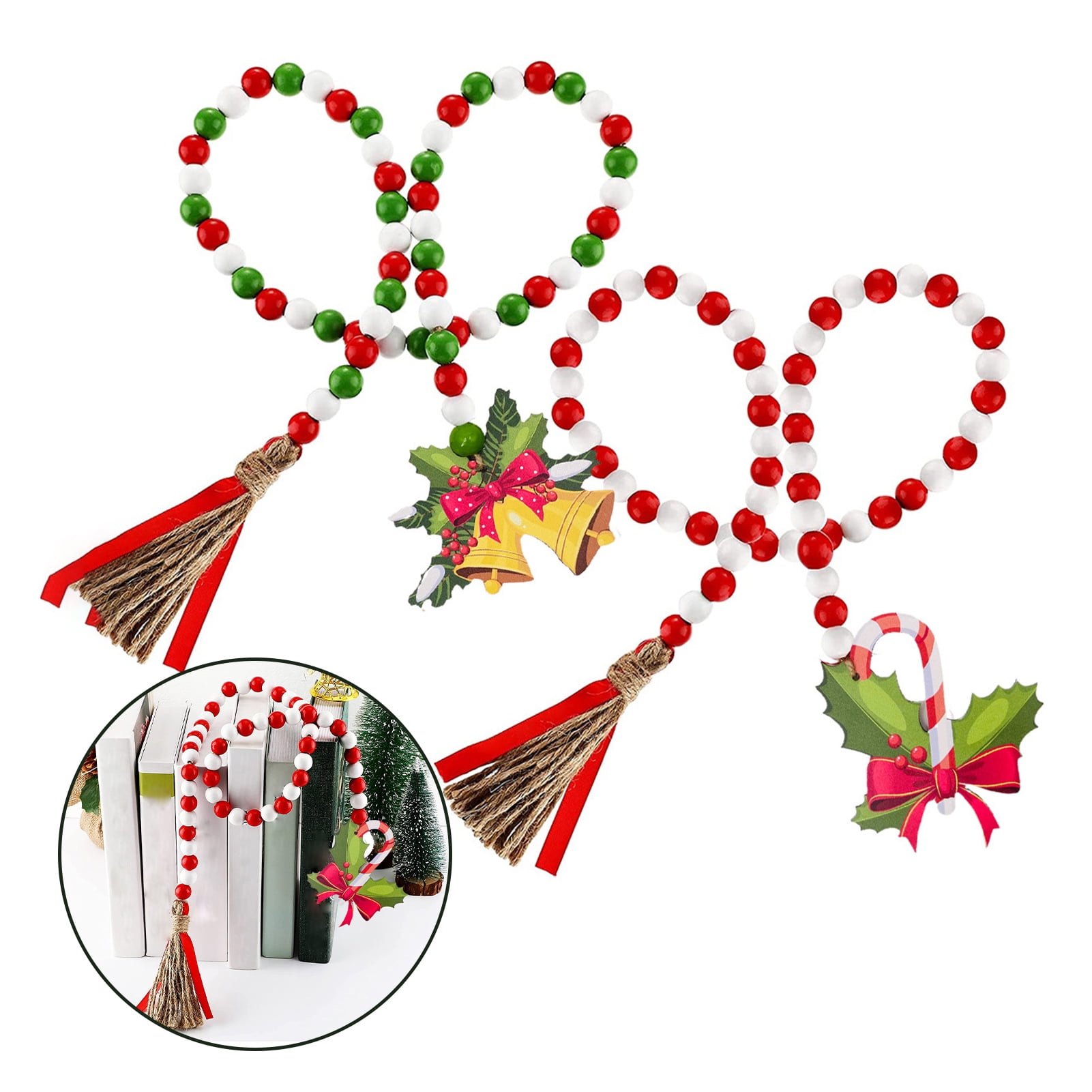 Fairnull Christmas Wood Beads Garland with Tassel Classical Green and