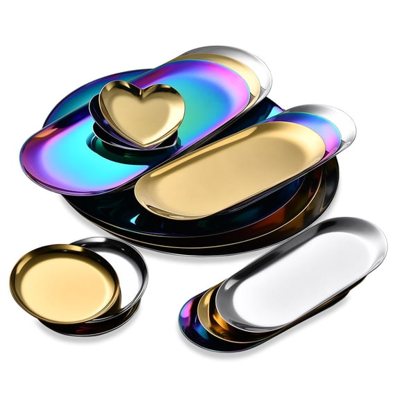 Fairnull Dinner Tray Round Love Heart Oval Food Grade Mirror Polished Dessert Towel Jewelry Vanity Storage Tray Dish Plate Home Supplies