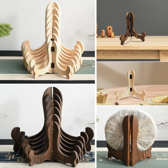 Fairnull Display Rack Curved Design Handmade Foldable Wooden Easel Plate Tea Cake Dish Display Stand Home Decor for Cafe