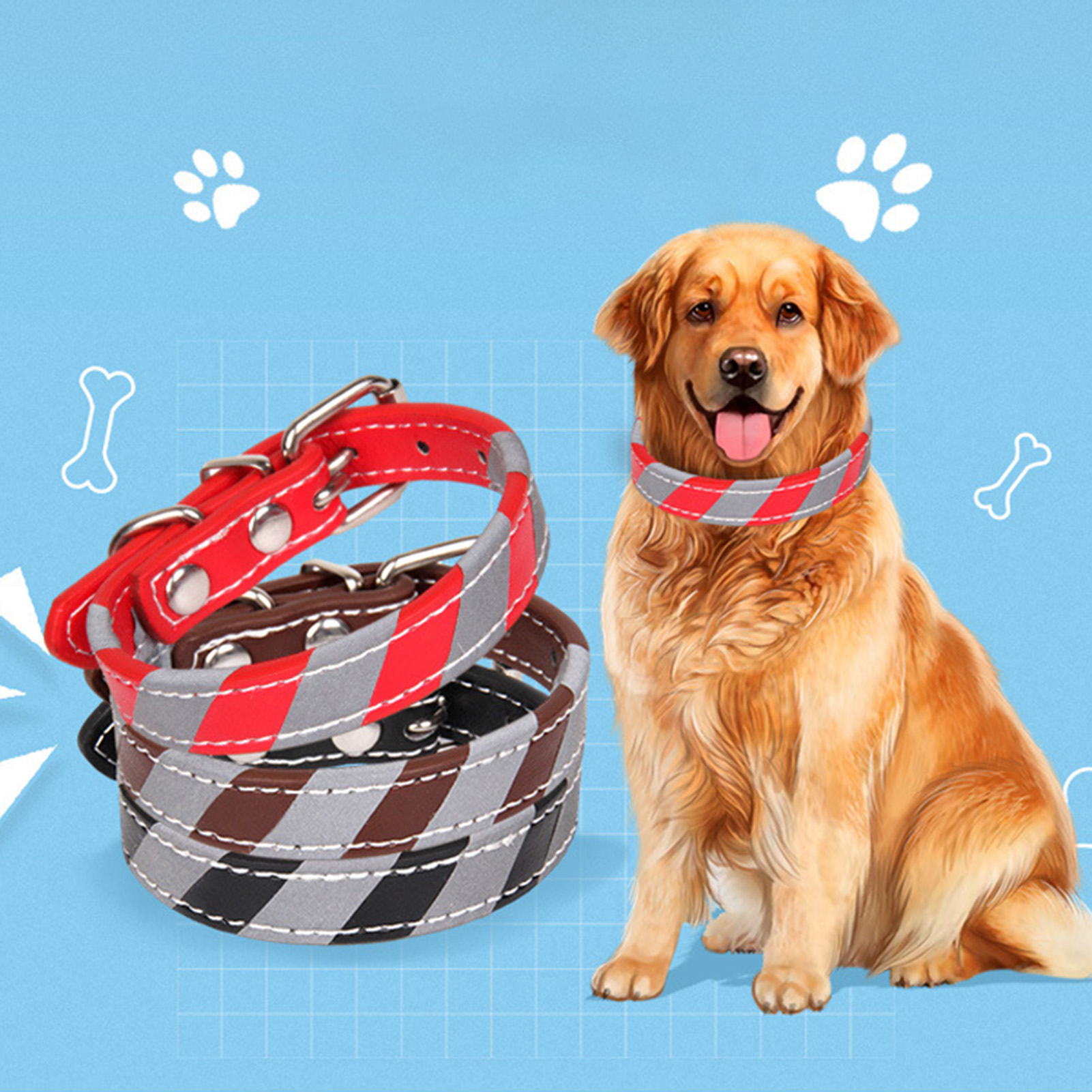 Fairnull Dog Necklace Reflective Strip Five Holes Wire Buckle Head Pet Dog Collar Supplies for