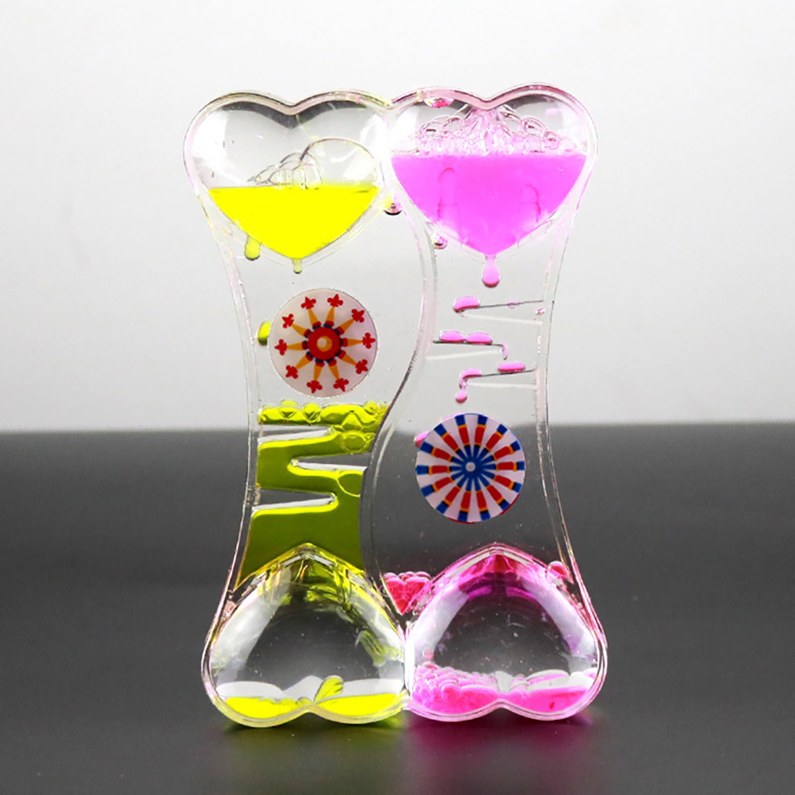 Fairnull Double Heart Liquid Motion Bubble Drip Oil Hourglass Timer