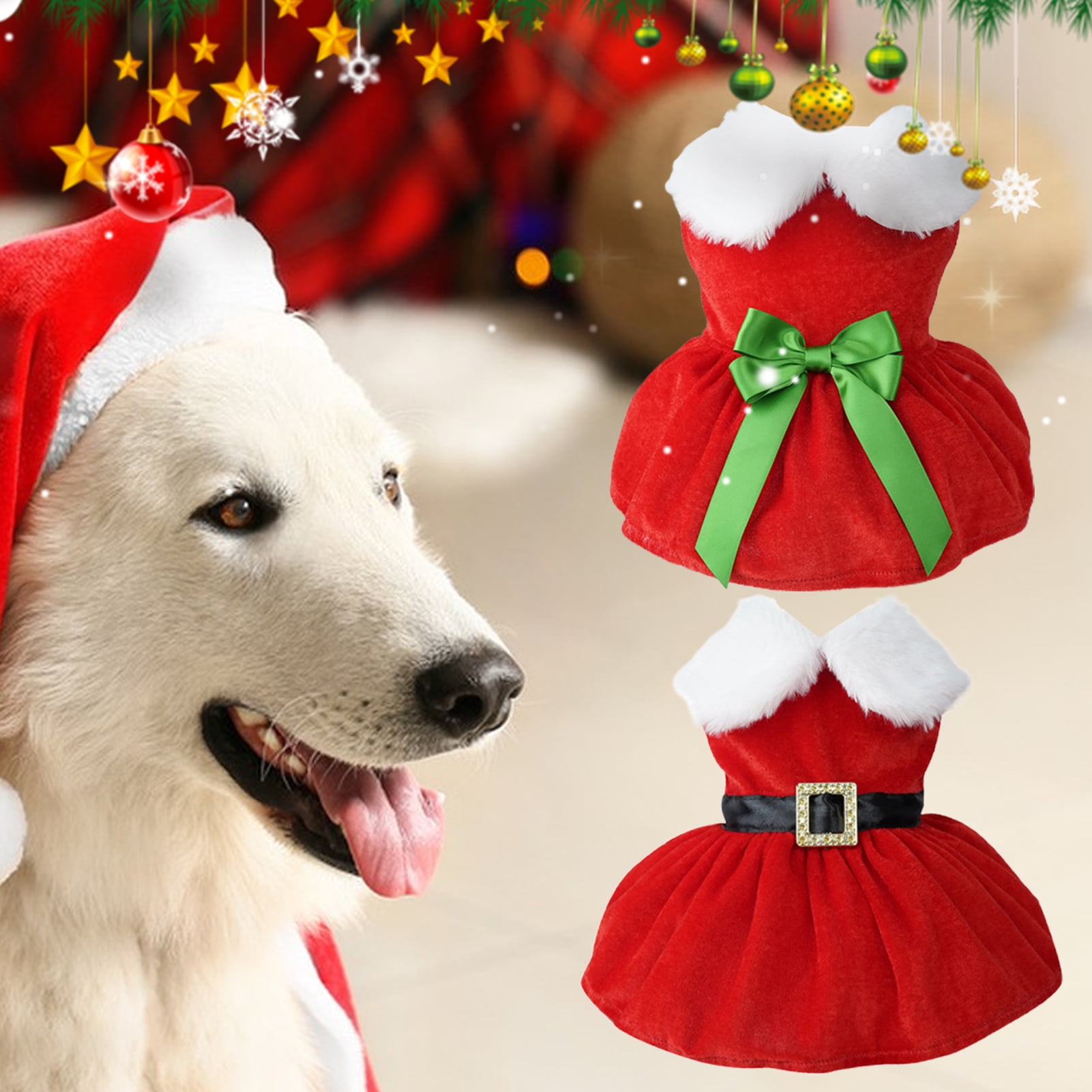 Fairnull Pet Dress Belt Decoration Cosplay Santa Claus Bow Tie Comfortable Breathable Party Accessory Golden Velvet Christmas Festival Pet Skirt for Puppy Walmart