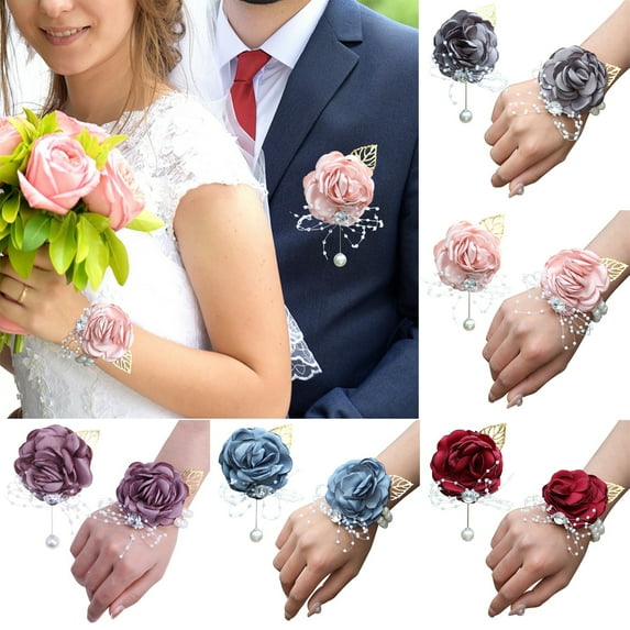 Fairnull Rose Wrist Corsage Boutonniere Fine Workmanship Rhinestone Corsage Elegant Wedding Flower Accessories
