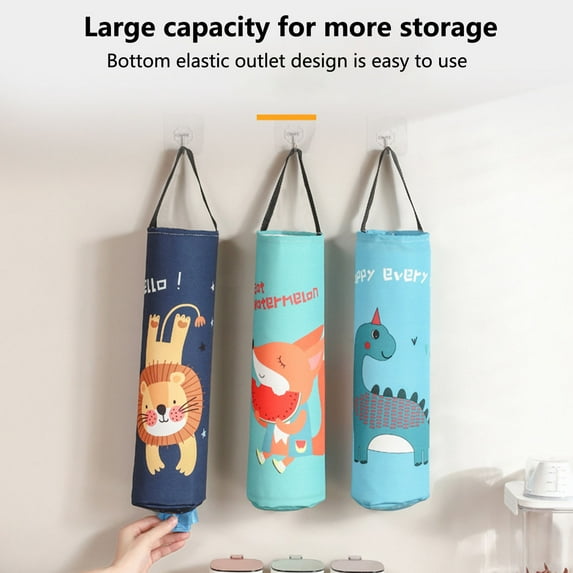 Fairnull Wall-mounted Bottom Opening Design Lanyard Garbage Bag Organizer Cartoon Animal Pattern Plastic Bag Holder Kitchen Accessories