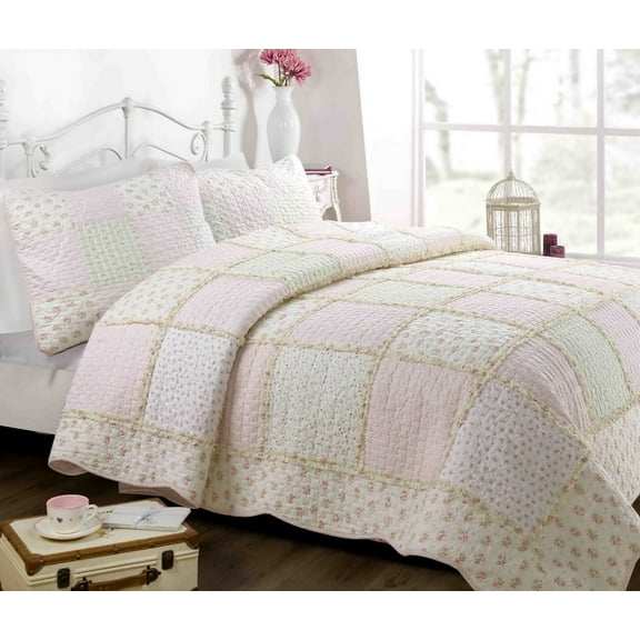 Fairtable Bedroom 100% Hypoallergenic cotton 2 piece Floral patchwork Quilt Set Bedroom Quilt Bedding Twin Size Pink