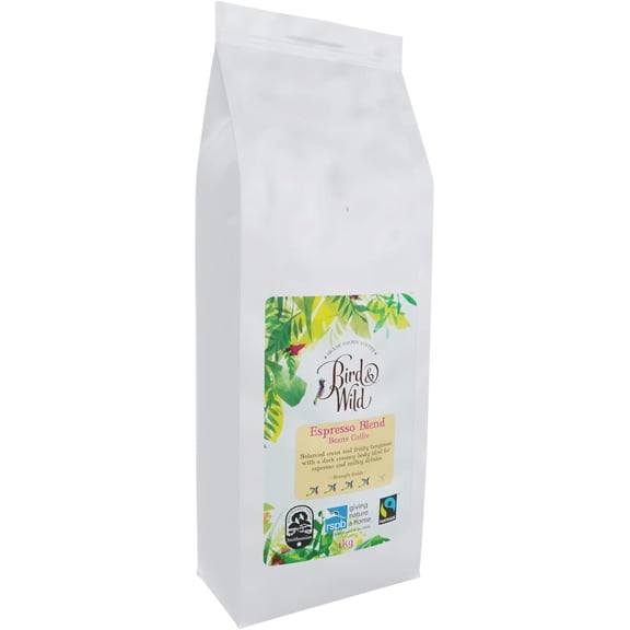 Fairtrade Organic Coffee Beans 1kg - Strong Medium Dark Roast Espresso - Shade Grown Bird Friendly Coffee - Bird And Wild Coffee - Suitable for all Machines - Donation to RSPB - Strength 4