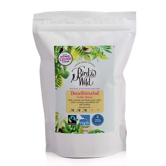 Fairtrade Organic Decaf Coffee Beans 200g - Swiss Water Decaffeinated Process - Bird and Wild - Donation to RSPB - All Coffee Machines - Strength 3 - Medium Roast - 100% Arabica