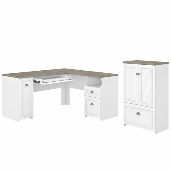 Fairview L Desk and Storage File Cabinet in White and Gray - Engineered Wood