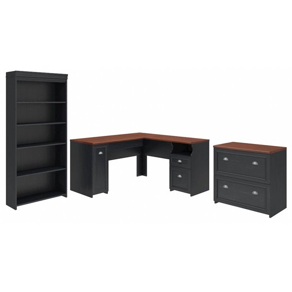 Fairview L Desk with File Cabinet & Bookcase in Antique Black - Engineered Wood