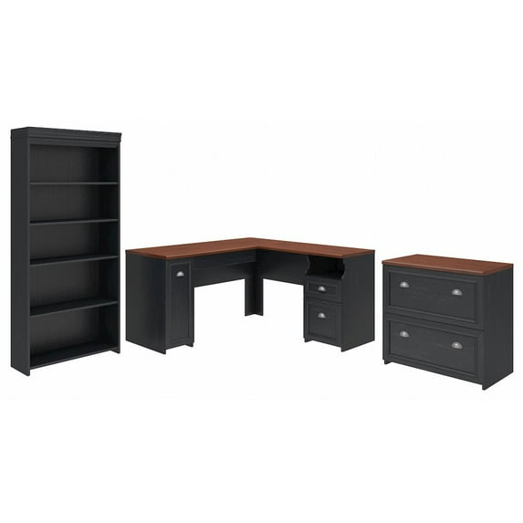 Fairview L Desk with File Cabinet & Bookcase in Antique Black - Engineered Wood