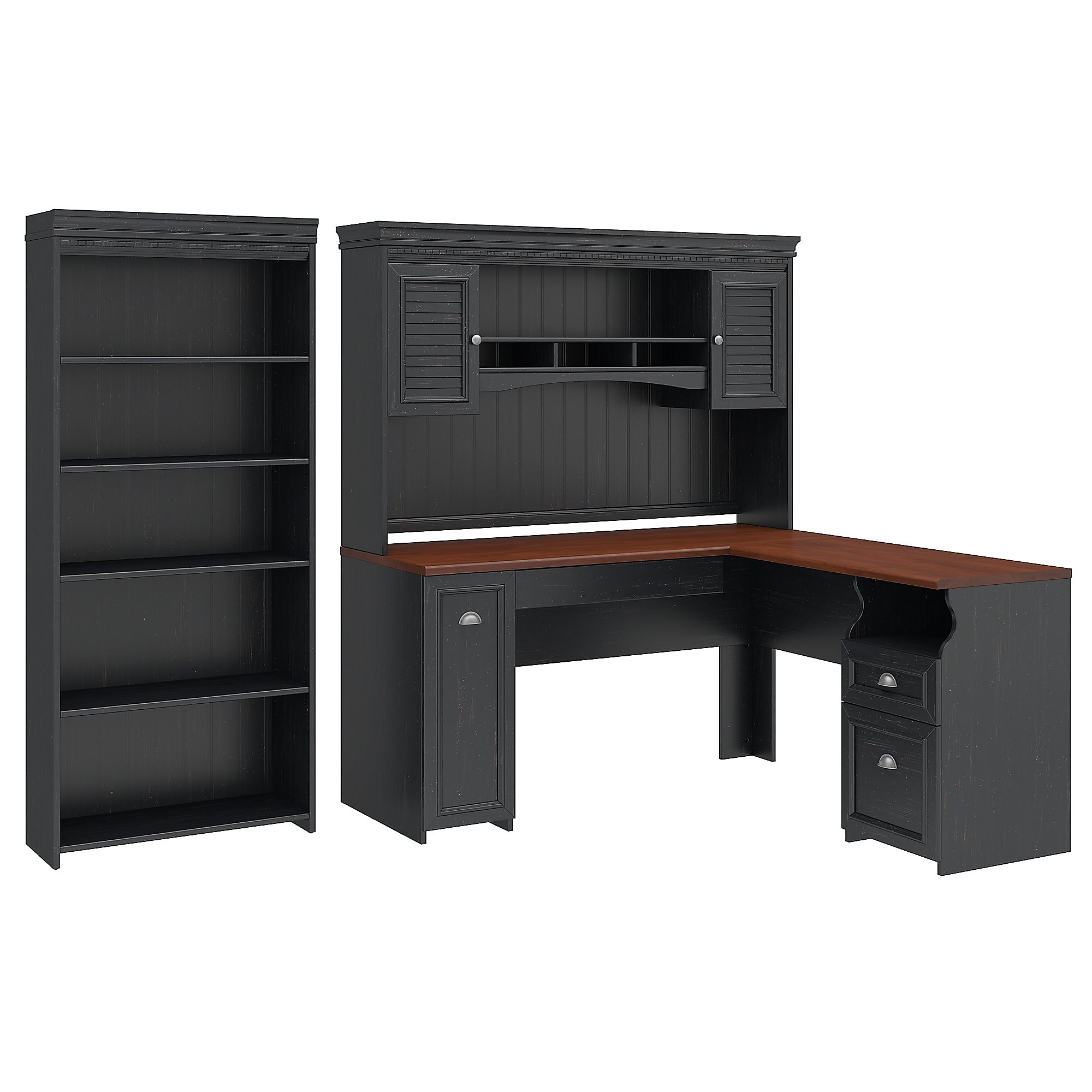 Fairview L Desk with Hutch and Bookcase in Antique Black Engineered