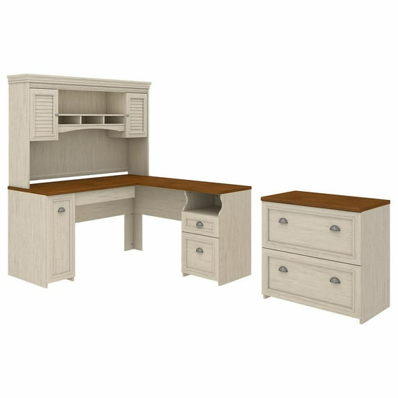 Fairview L Desk with Hutch and File Cabinet in Antique White - Engineered Wood