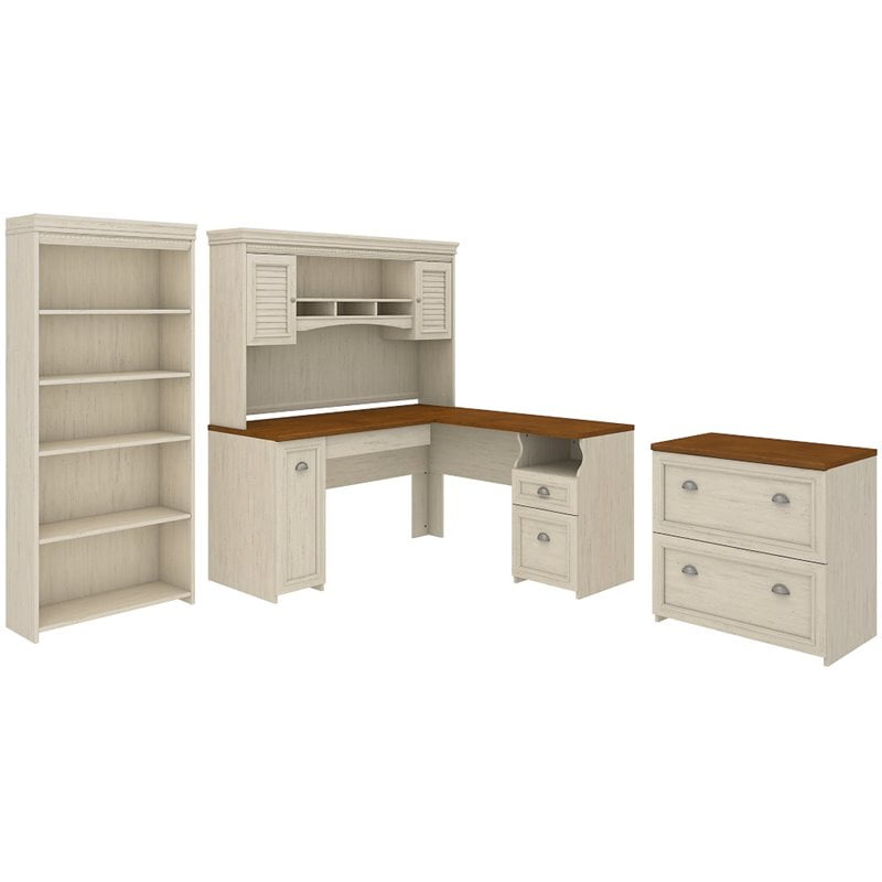 Antique White L-Shaped Desk Set with Hutch and Bookcase