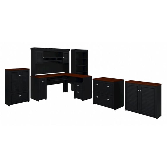 Fairview L Shaped Desk with Hutch and Storage Set in Black - Engineered Wood