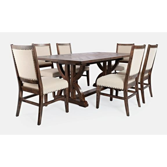 Fairview Mid-Century Distressed 78" Seven-Piece Upholstered Dining Set