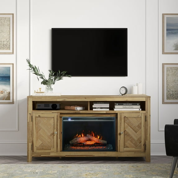 Fairview Modern Transitional 60" Chevron Fireplace Storage Console TV Stand with Electric Fireplace
