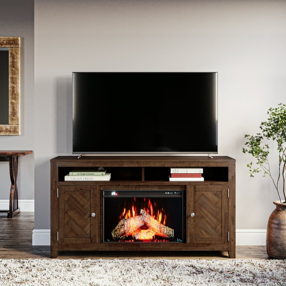 Fairview Modern Transitional 60" Chevron Fireplace Storage Console TV Stand with Electric Fireplace