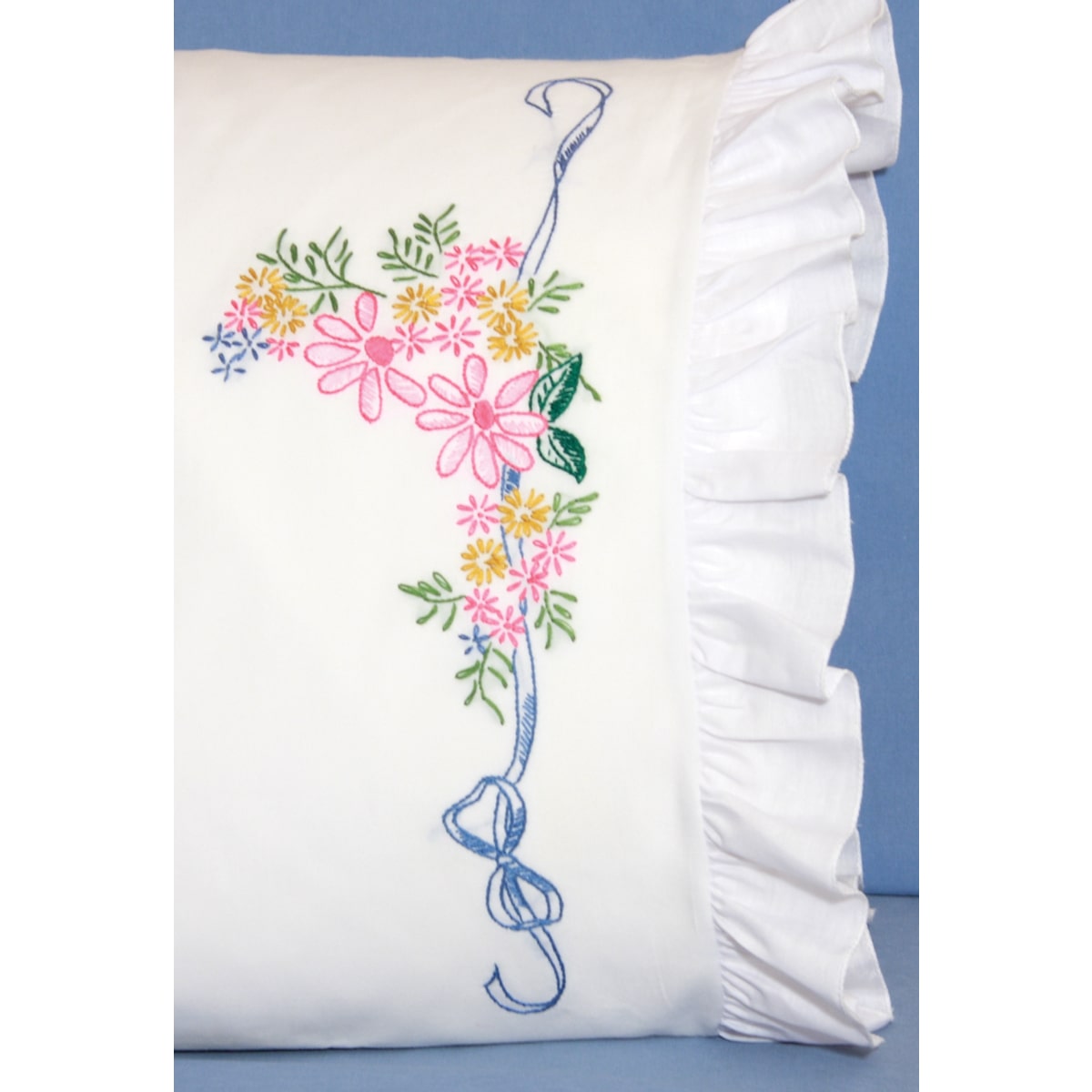 Fairway Needlecraft Ribbon And Flowers Stamped Lace Edge Pillowcase