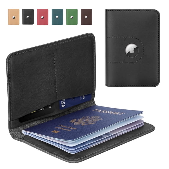 Fairwin Genuine Leather Passport Holder with Airtag Slot, Passport Wallets Passport Cover Case, Airport Essentials, Christmas Birthday Gifts, Black, 1-Piece