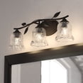 thumbnail image 1 of Fairwood 3-Light 21 in. Wide Matte Black Rustic Bathroom Vanity Lighting Fixture, Clear Ribbed Glass Shade, Dimmable, LED Compatible, Over the Mirror Mounted Metal Wall Sconce, Branch and Leaf Motif, 1 of 12