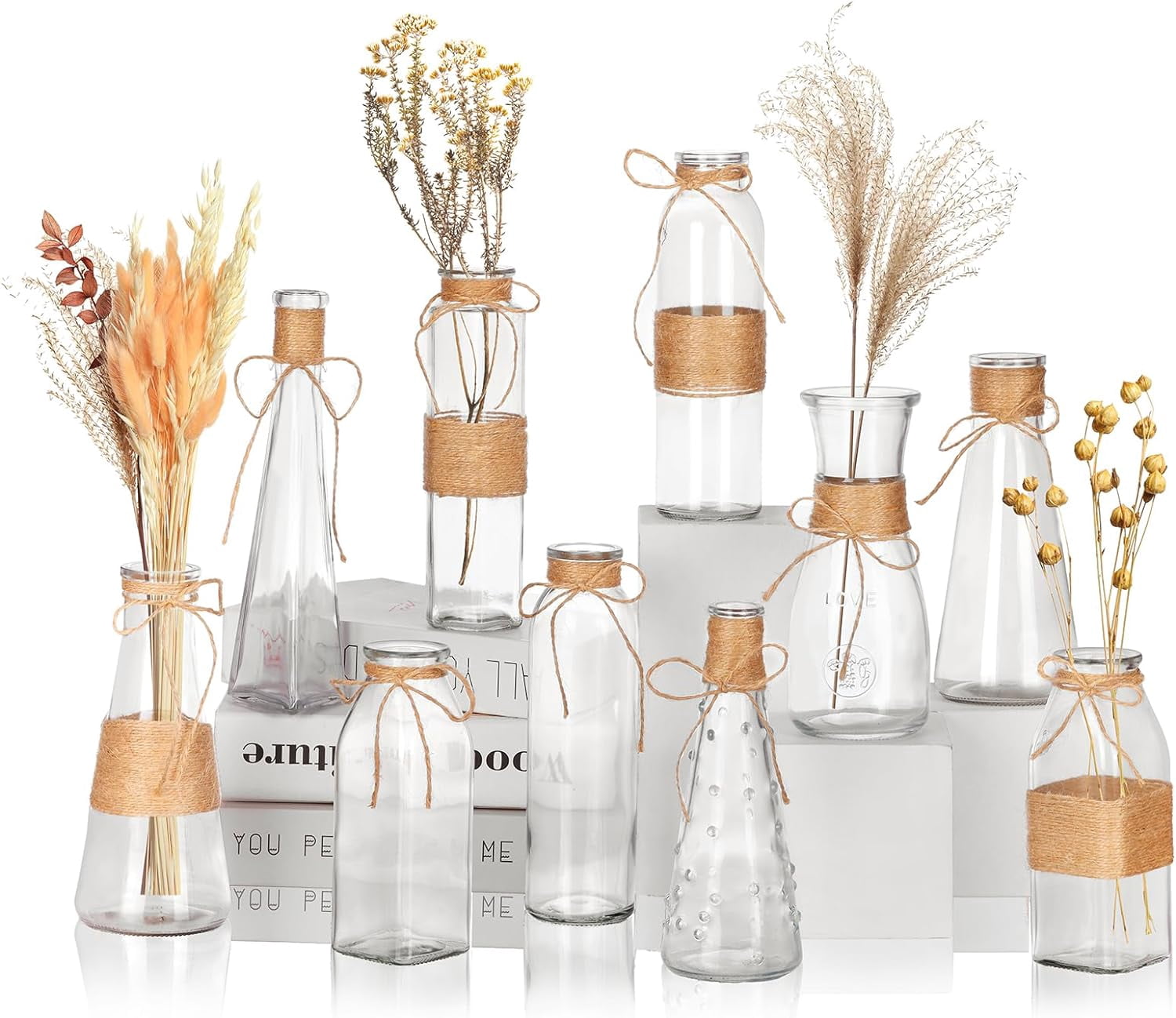 Fairy 10Pcs Small Bud Glass Vases for Flowers Wedding Decorations,Vases for Centerpieces,Mini Vintage Glass Flower Vase with Rope Design and Differing Unique Shapes, 3x2.5x7.1, Clear