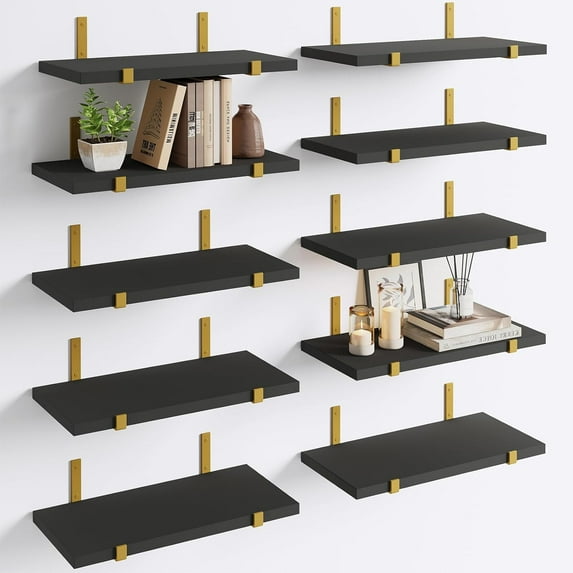 Fairy 10pcs Floating Shelves, Width 4.7 inches Wall Shelves, Home Wood Shelf Wall Mounted, Black Gold