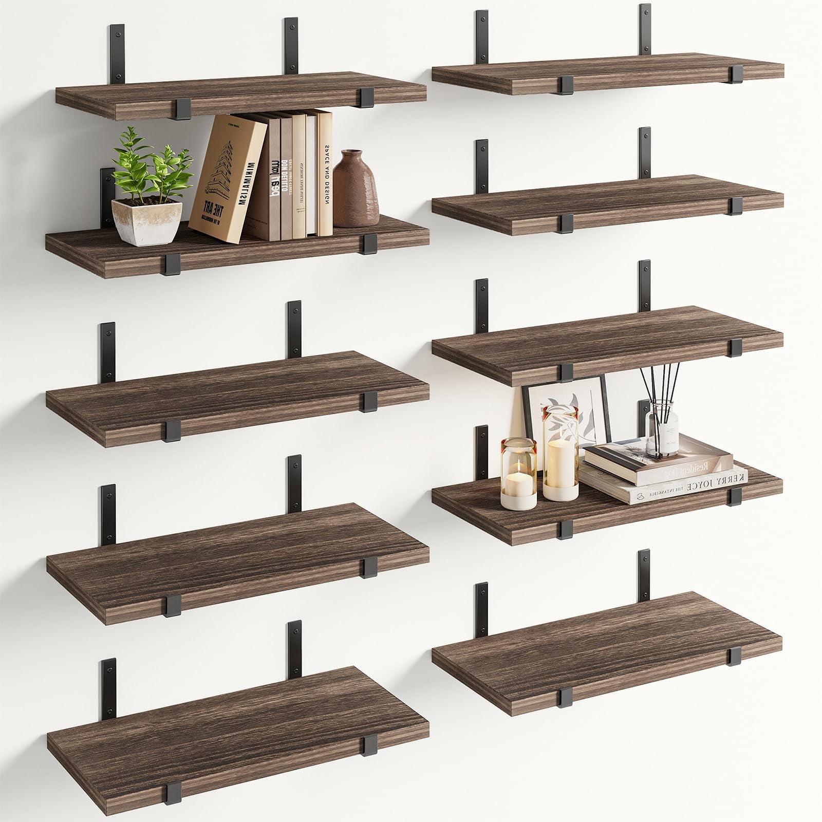 Fairy 10pcs Floating Shelves, Width 4.7 inches Wall Shelves, Home Wood Shelf Wall Mounted, Dark Carbonized Black