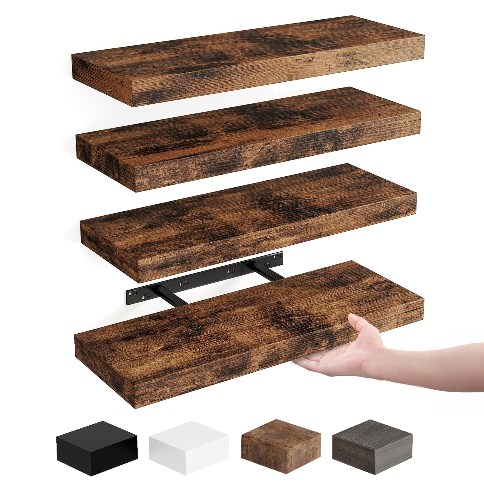 Fairy 15.8in Floating Shelves, Wall Shelves Set of 4, Shelves for Wall Decor, with Invisible Brackets, 15.8x5.5x1.2inches, Rustic Brown