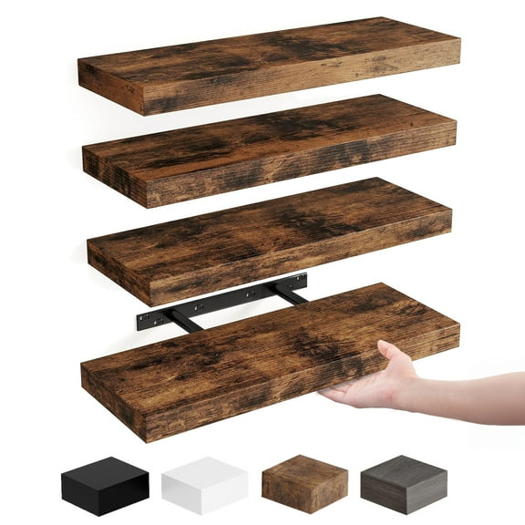 Fairy 15.8in Floating Shelves, Wall Shelves Set of 4, Shelves for Wall Decor, with Invisible Brackets, 15.8x5.5x1.2inches, Rustic Brown