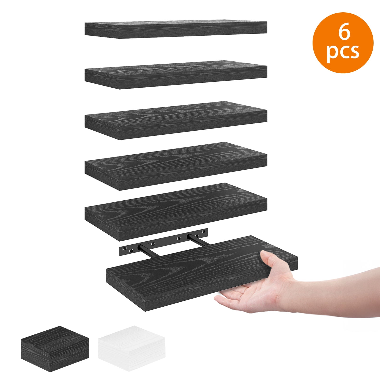 Fairy 15.8in Floating Shelves, Set of 6 Wood Shelves, Farmhouse Shelf Wall Decor, Black