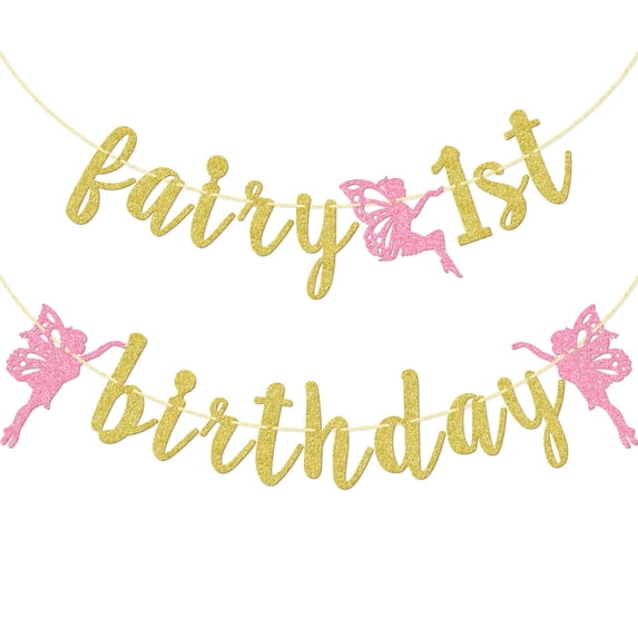 Fairy 1st Birthday Banner, Fairy First Birthday Party Decorations, First Birthday Banner for Baby Girl, Glitter Fairy Decorations, Gold Glitter