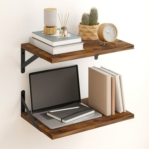 Fairy 2pcs Deep Floating Shelves for Wall, 16W x 12D Wall Shelves for Living Room, Kitchen, Office, Bedroom, Rustic Brown