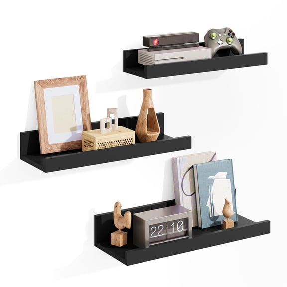 Fairy 3Pcs Floating Wall Shelves with Guard Rail, Matte Black Wall Mount Display Shelf, Heavy‑Duty Space‑Saving Storage Organizer for Kitchen Living Room Study Bathroom