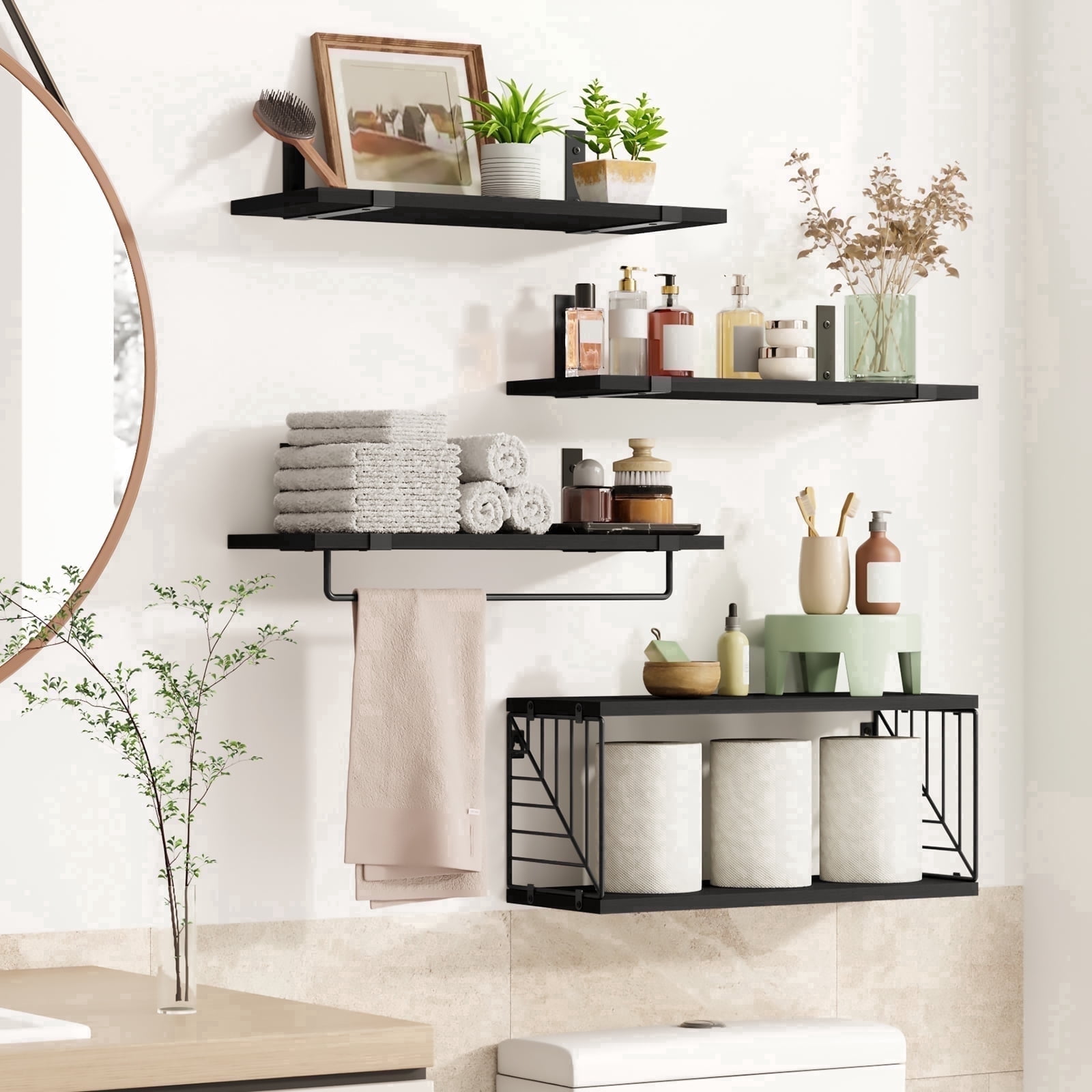 Fairy 4+1 Tier Bathroom Floating Shelves Over Toilet, 15.8in Wall Shelves for Bathroom, Living Room, Bedroom and Kitchen (Black)