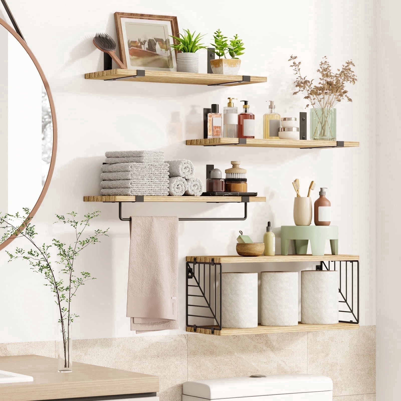 Fairy 4+1 Tier Bathroom Floating Shelves Over Toilet, 15.8in Wall Shelves for Bathroom, Living Room,Bedroom and Kitchen (Carbonized Black)