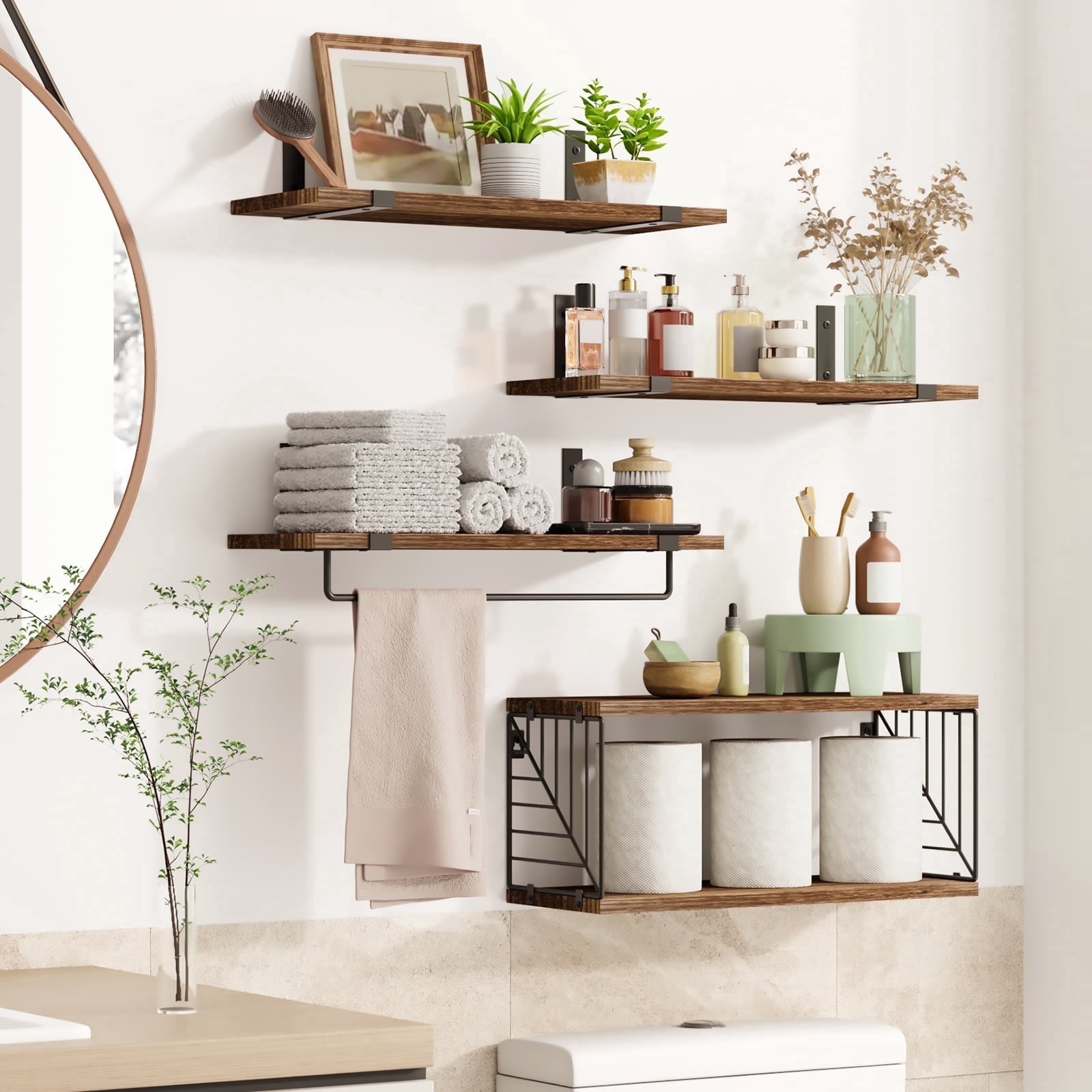 Fairy 4+1 Tier Bathroom Floating Shelves Over Toilet, 15.8in Wall Shelves for Bathroom, Living Room, Bedroom and Kitchen (Dark Brown)