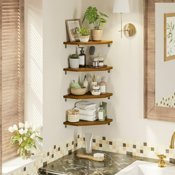 Fairy 4 Tier Rustic Brown Corner Floating Shelves for Wall, Farmhouse Corner Shelf Unit