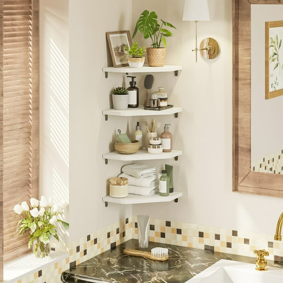 Fairy 4 Tier White Corner Floating Shelves for Wall, Space-Saving Decorative Corner Shelf Set