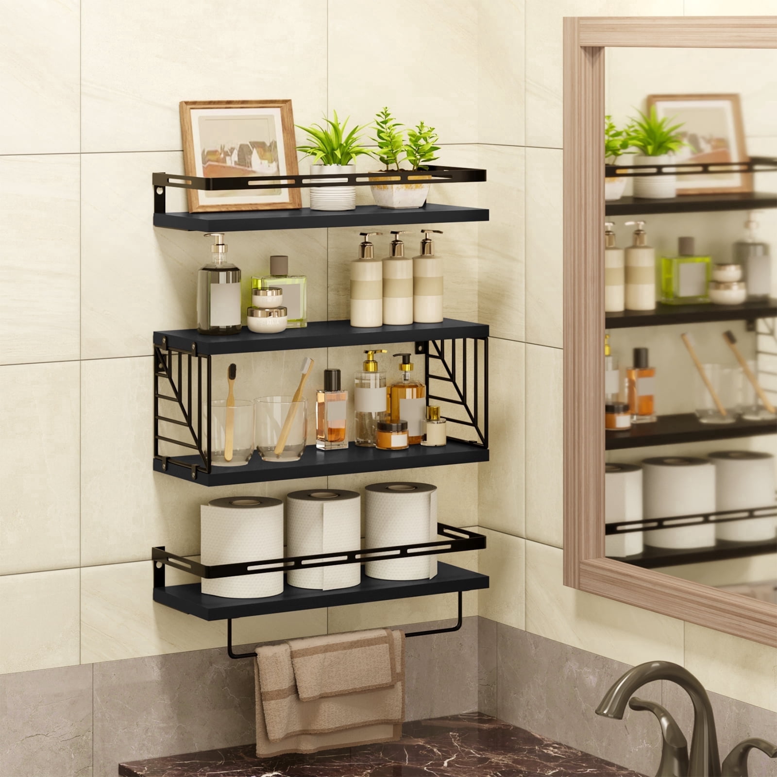 Fairy 4pcs Bathroom Floating Shelves Over Toilet, Wall Shelves with Towel Bar for Bathroom, Living Room (Black)
