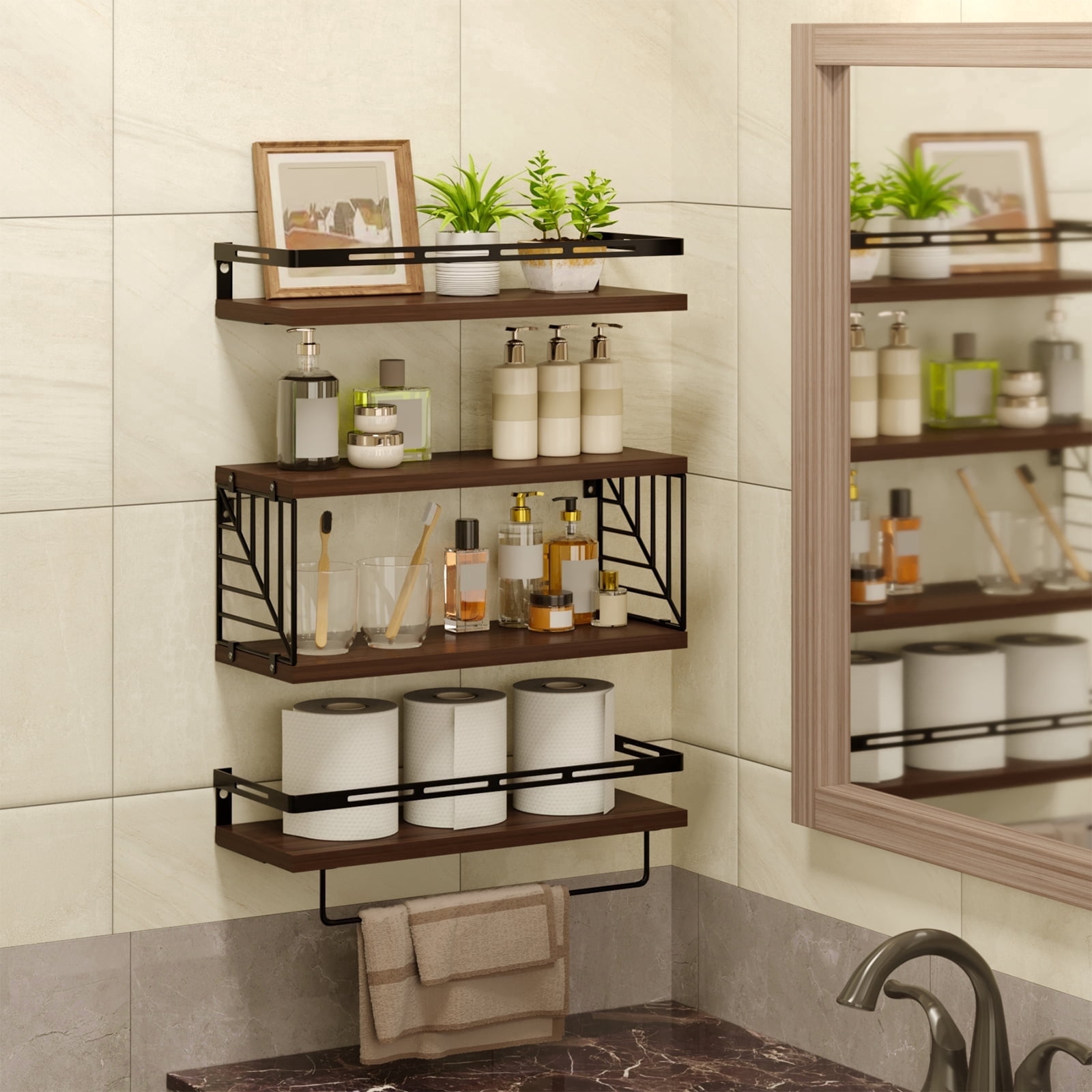 Fairy 4pcs Bathroom Floating Shelves Over Toilet, Wall Shelves with Towel Bar for Bathroom, Living Room (Dark Brown)