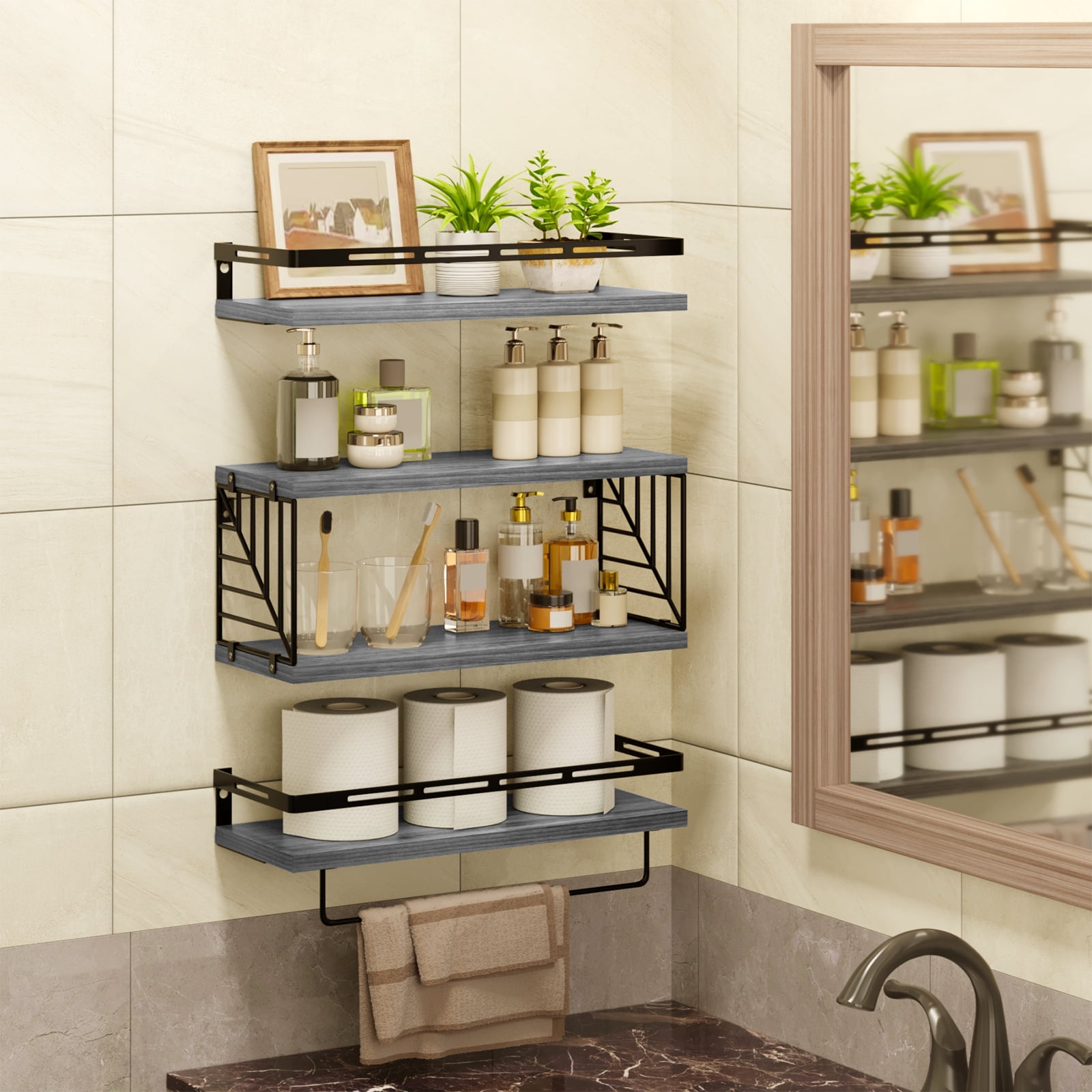 Fairy 4pcs Bathroom Floating Shelves Over Toilet, Wall Shelves with Towel Bar for Bathroom, Living Room (Gray)
