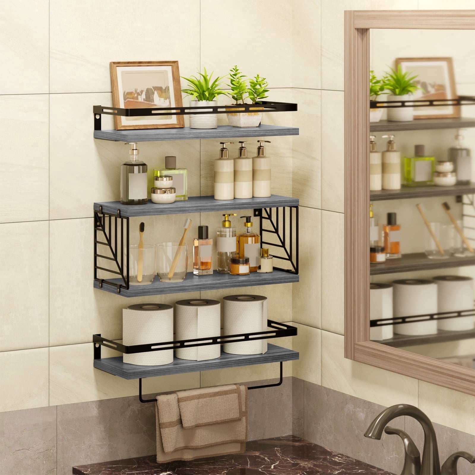 Fairy 4pcs Bathroom Floating Shelves Over Toilet, Wall Shelves with Towel Bar for Bathroom, Living Room (Gray)