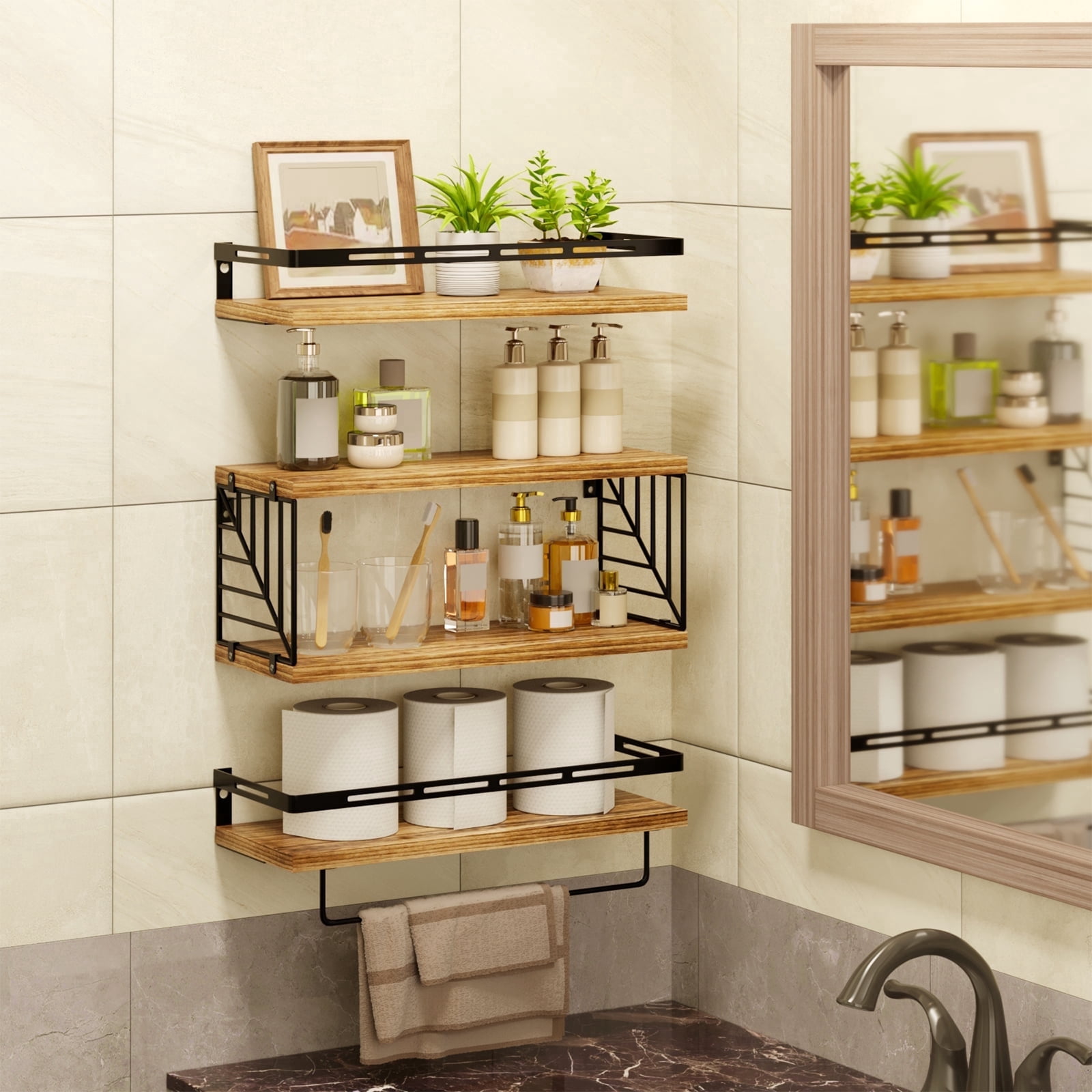 Fairy 4pcs Bathroom Floating Shelves Over Toilet, Wall Shelves with Towel Bar for Bathroom, Living Room (Light Brown)
