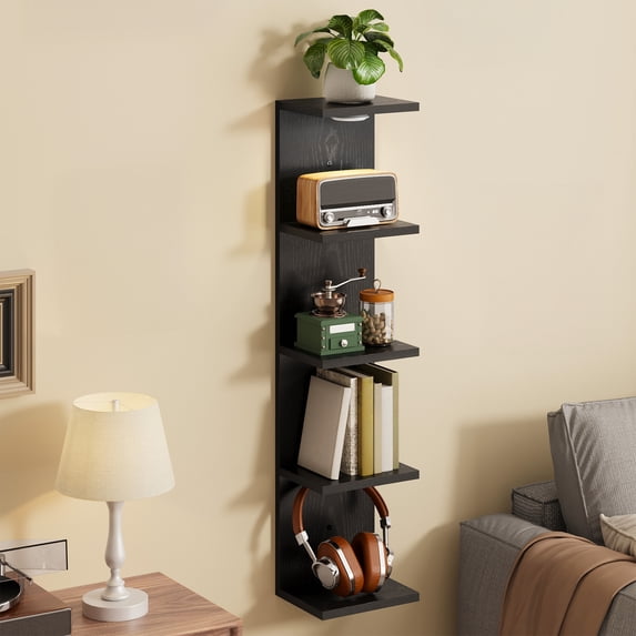 Fairy 5-Tier Black Wall Shelf with LED Light, Modern Floating Display Rack for Bedroom, Living Room and Bathroom Decor