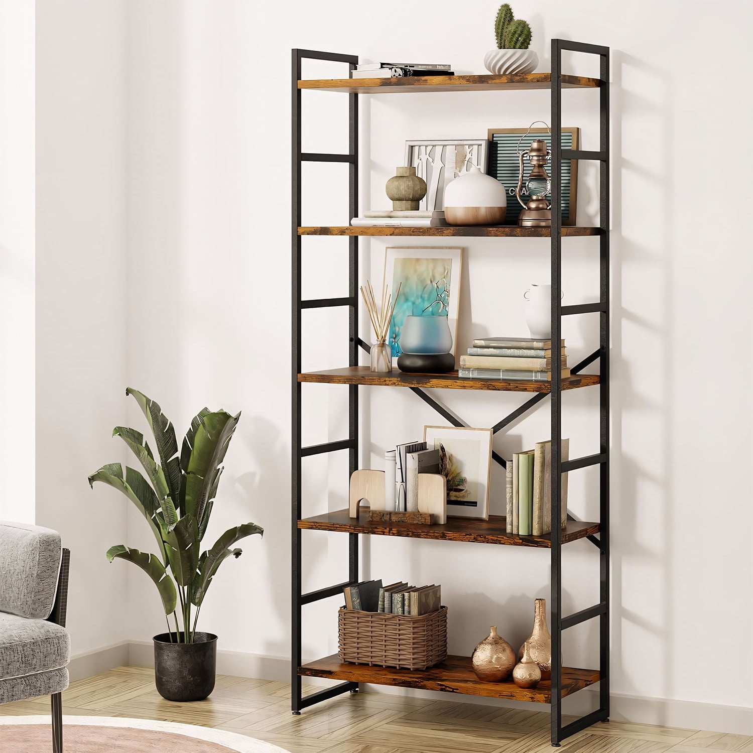 Fairy 5 Tier Bookshelf, Tall Bookcase Shelf for CDs/Movies/Books, Home