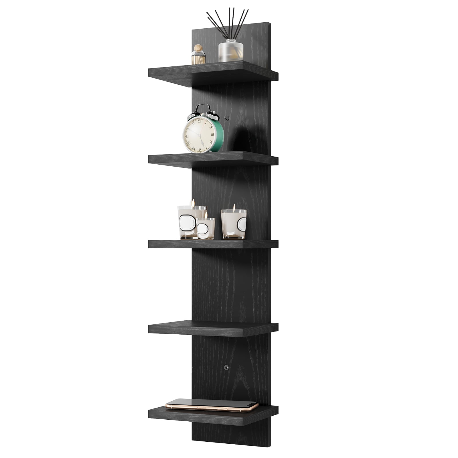 Fairy 5-Tier Wall Shelf Unit, Black Floating Wall Shelves, Vertical Wood Shelf Organizer for Bedroom, Living Room & Home Decor