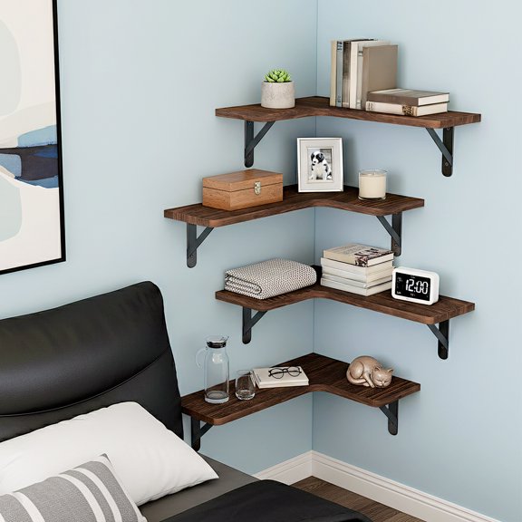 Fairy 5pcs Corner Floating Shelves for Wall, Rustic Wood Wall Shelves, 16.1x11.4 inches, Dark Brown